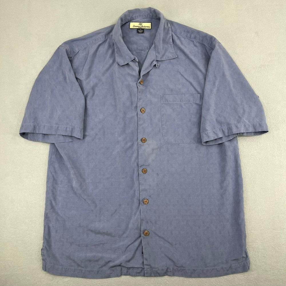 Tommy Bahama‎ Mens Medium Silk Short Sleeve Button Down Camp Shirt Blue Grey